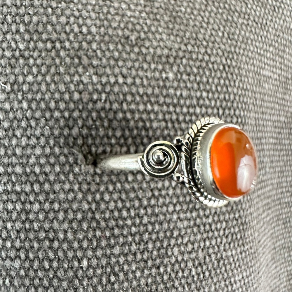 NEW Carnelian Cabochon Ring 8 Ornate Sterling Silver Spiral Leaf Design Orange - Picture 2 of 8